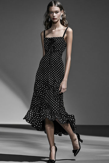 Chiffong Svart Vit Volang En linje Polka Dots Klänning